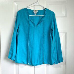 Talbots Irish Linen Tropical Turquoise Coastal Blue V Neck Blouse Size Small P